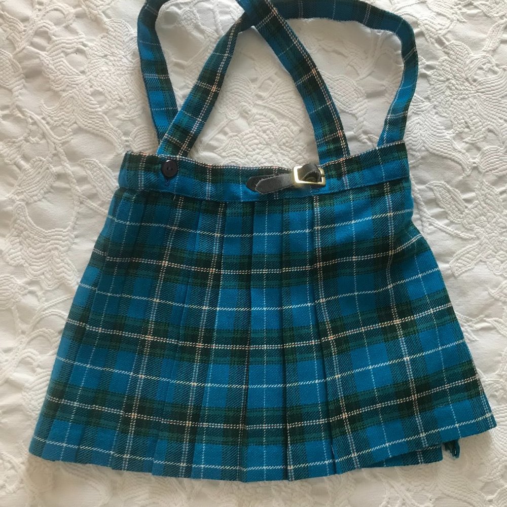Vintage Children's Kilt, Acrylic/ Wool Blend,  Blue/White/Green Plaid, Size 2